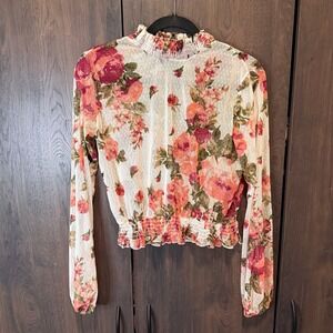 Polly & Esther Floral Mesh Smocked Mock Neck Cropped Top sz medium